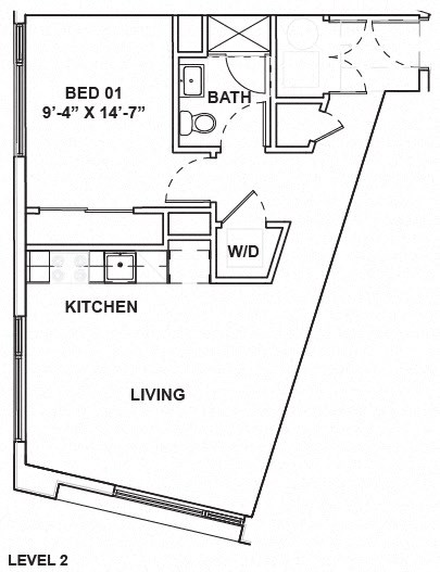 A floor plan of a two level home with a living room, kitchen, and two bedrooms.